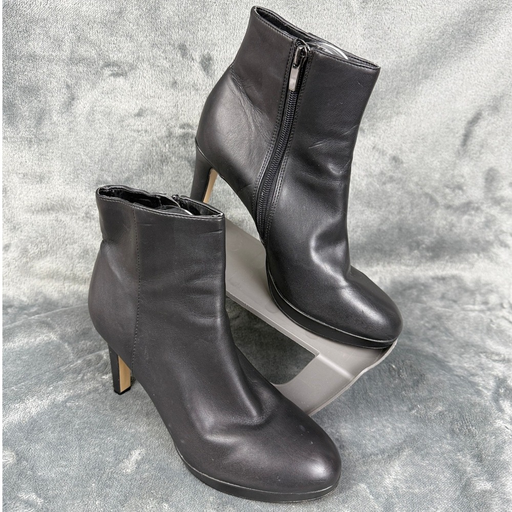 Black Leather Ankle Boots Size 7.5M Block Heel Side Zip Classic‎ Elegant Stylish
